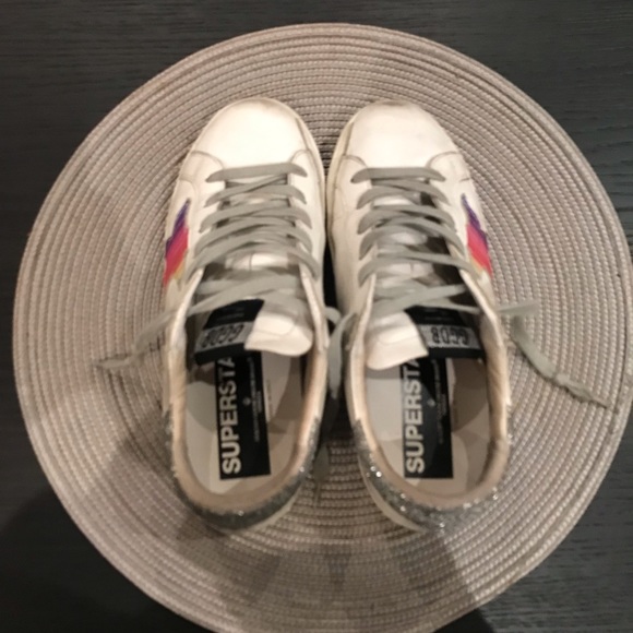 Golden Goose Superstar Sneakers. White leather w/rainbow star and glitter back - Picture 2 of 6